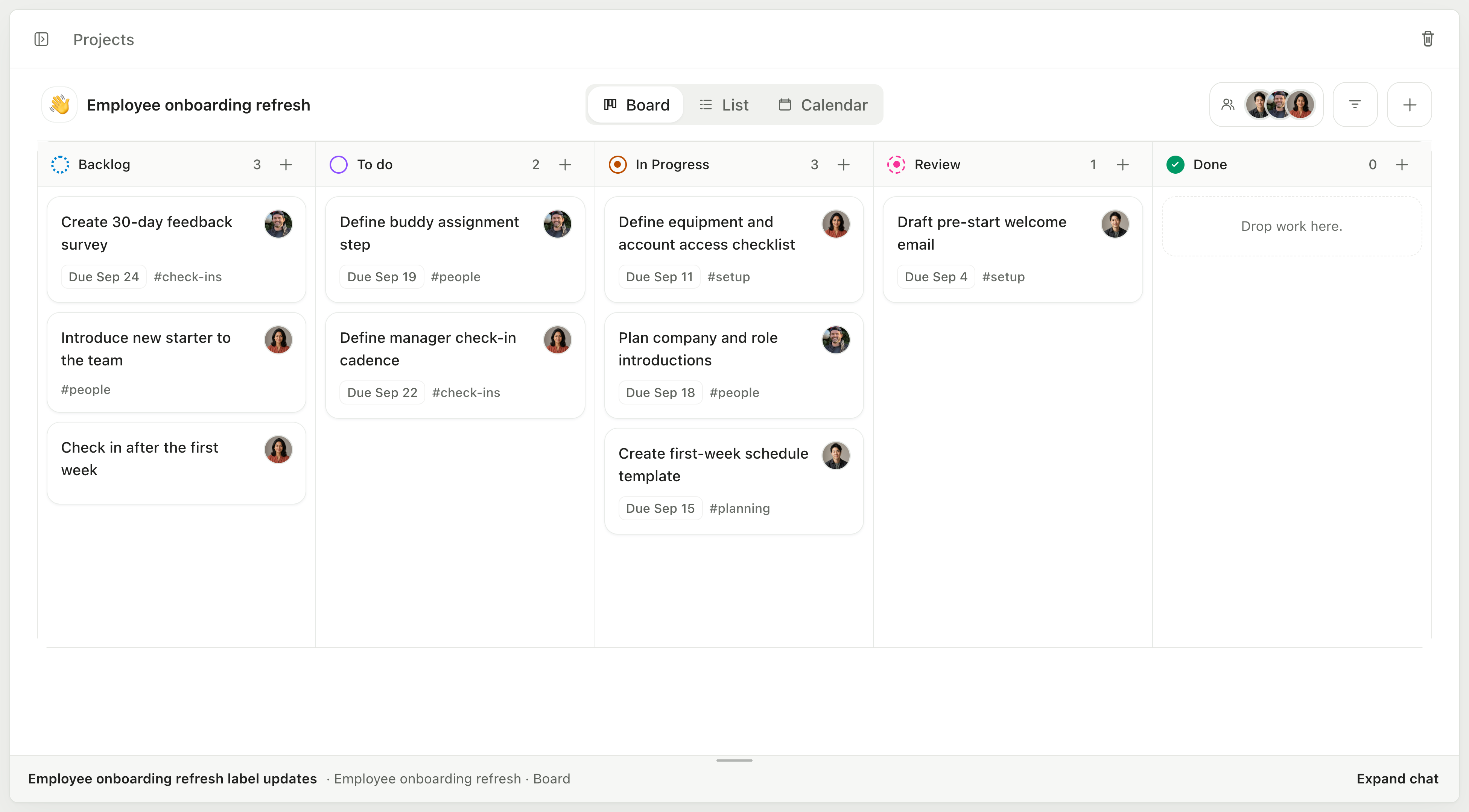 Board view of an employee onboarding project with work items organized by status
