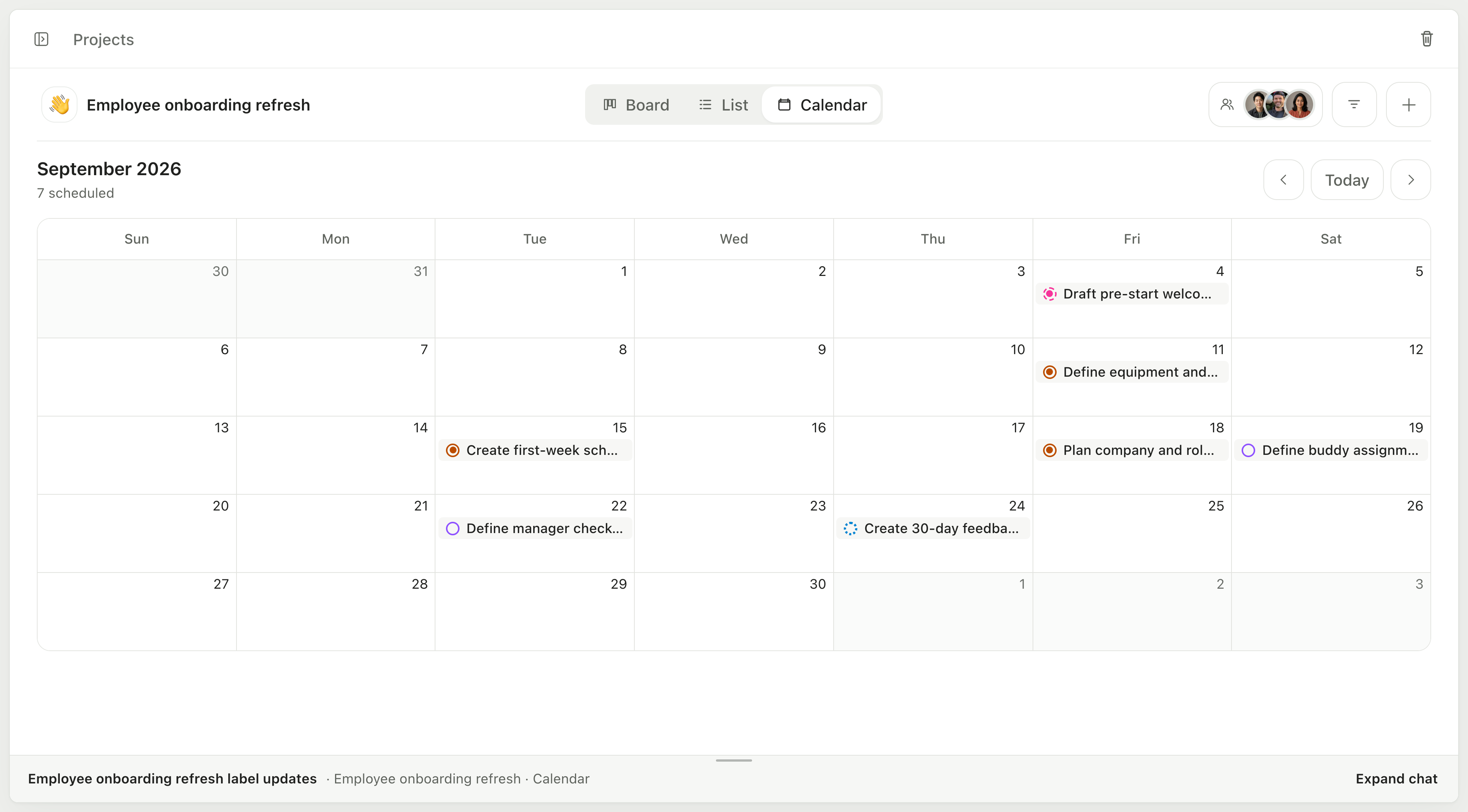 Calendar view of employee onboarding work items scheduled across September 2026