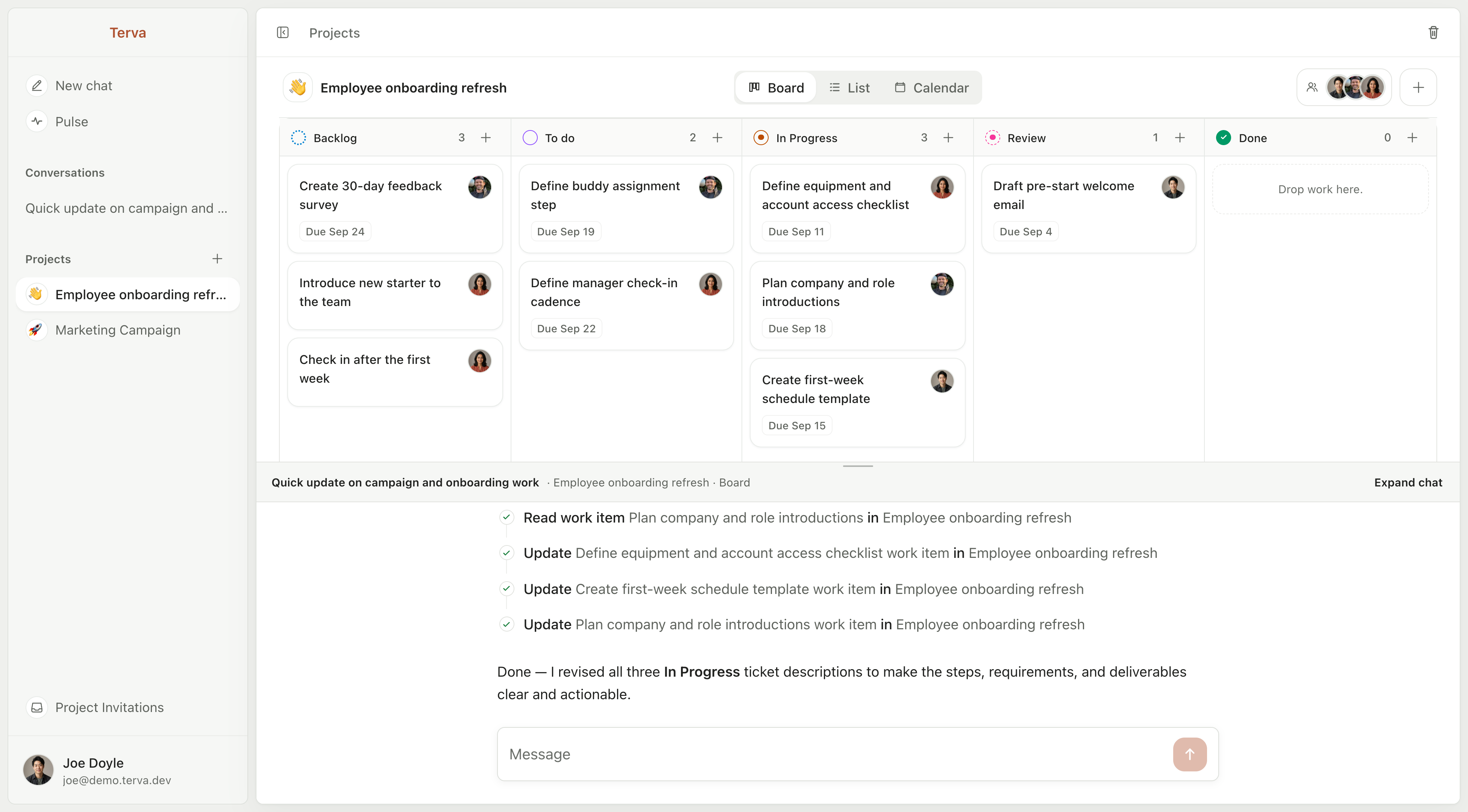 Terva workspace showing a populated employee onboarding project board and planning conversation