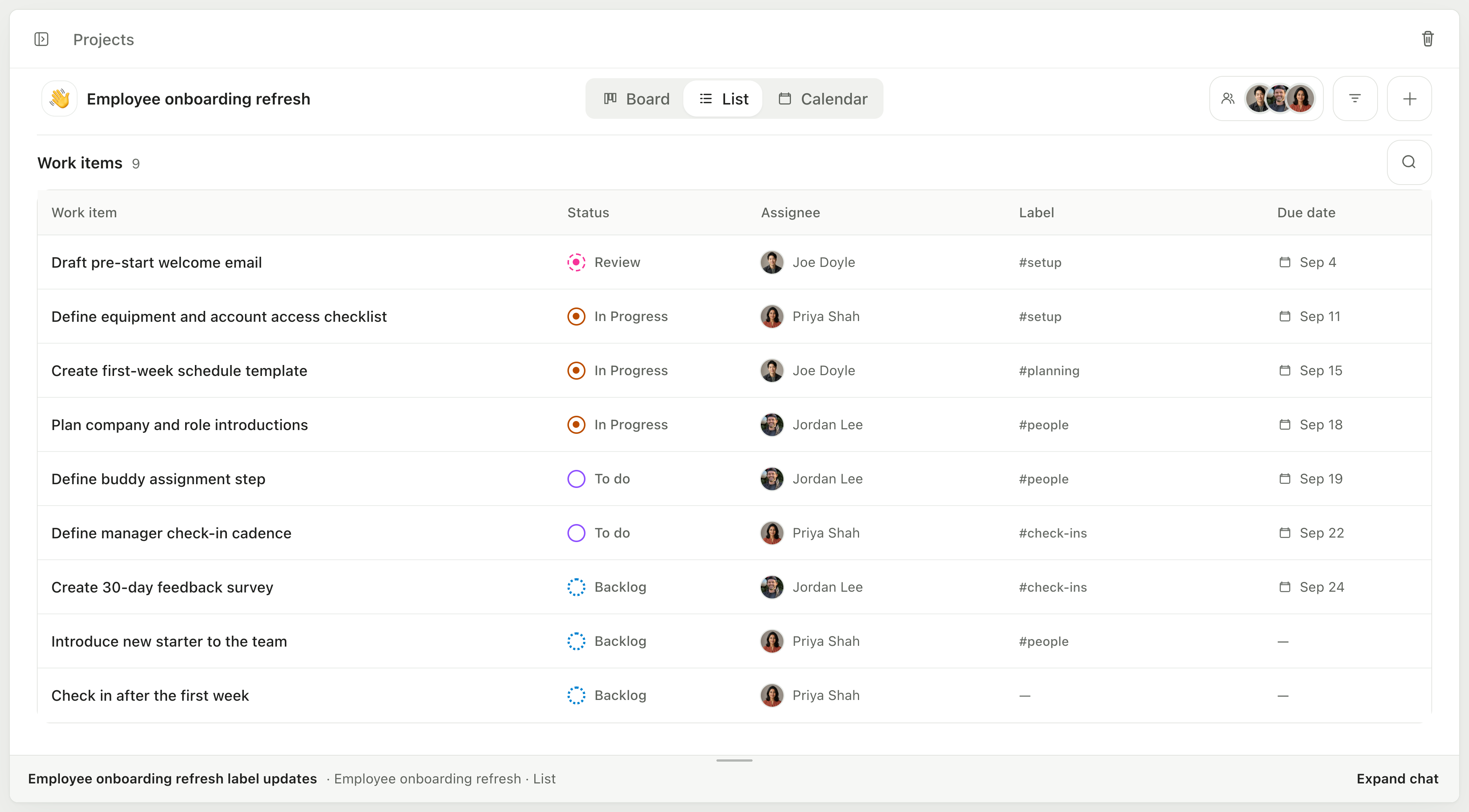 List view of an employee onboarding project showing work item status, assignee, label, and due date