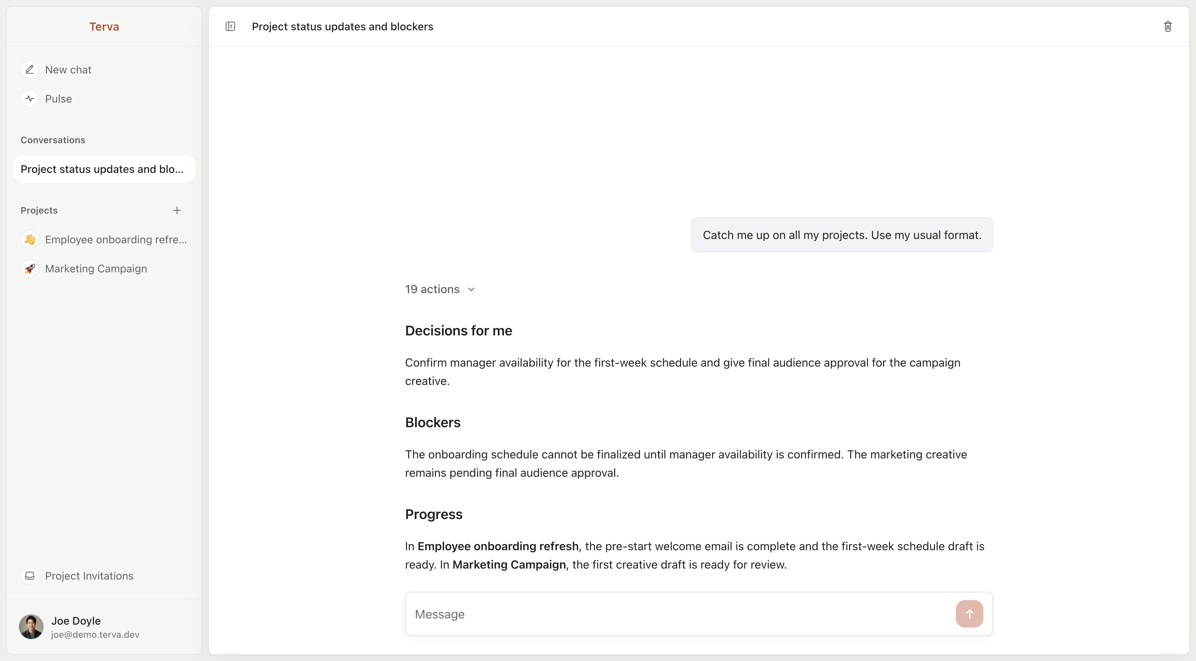 Terva using a remembered review format to summarize decisions, blockers, and progress across projects
