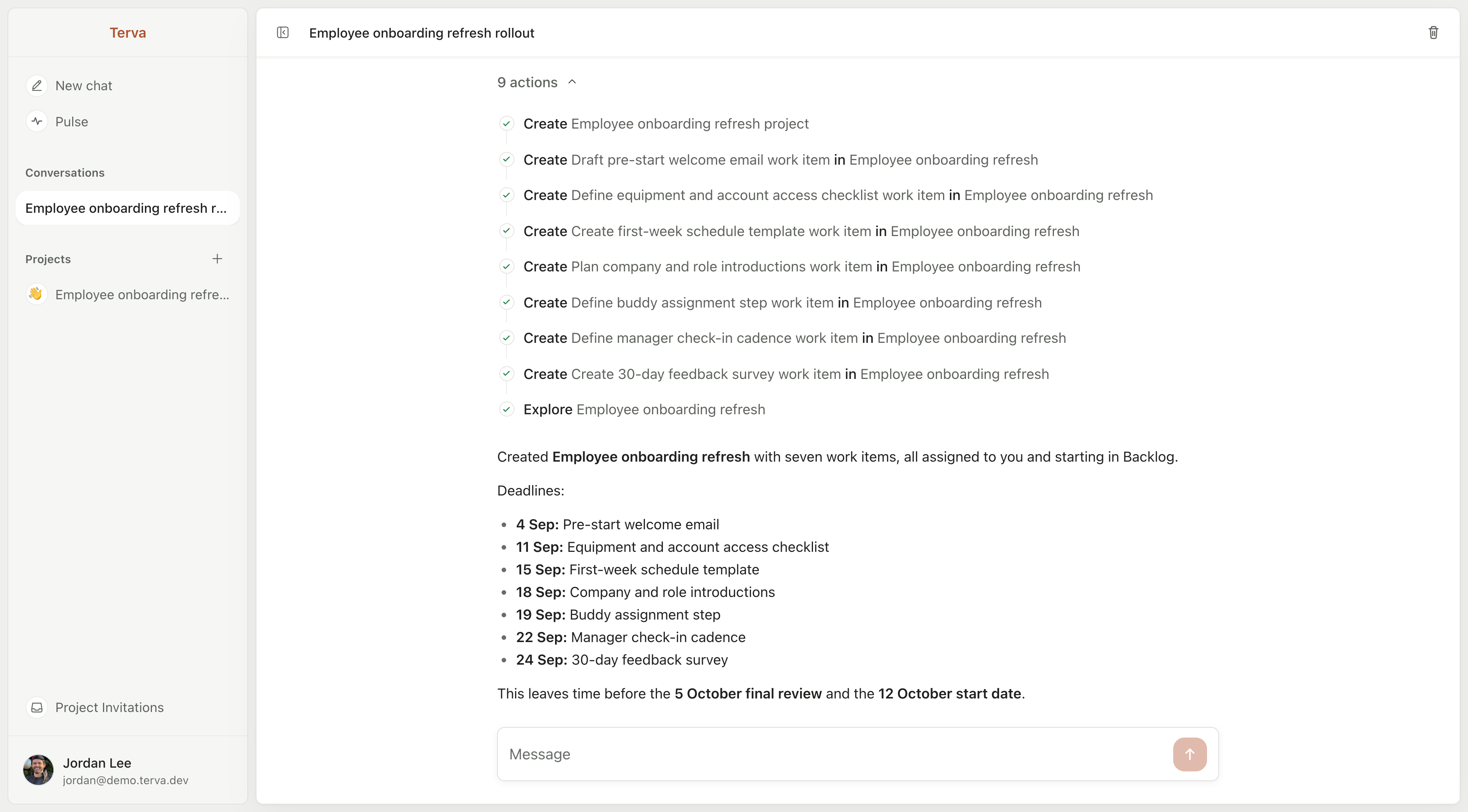 Terva creating an employee onboarding project through chat