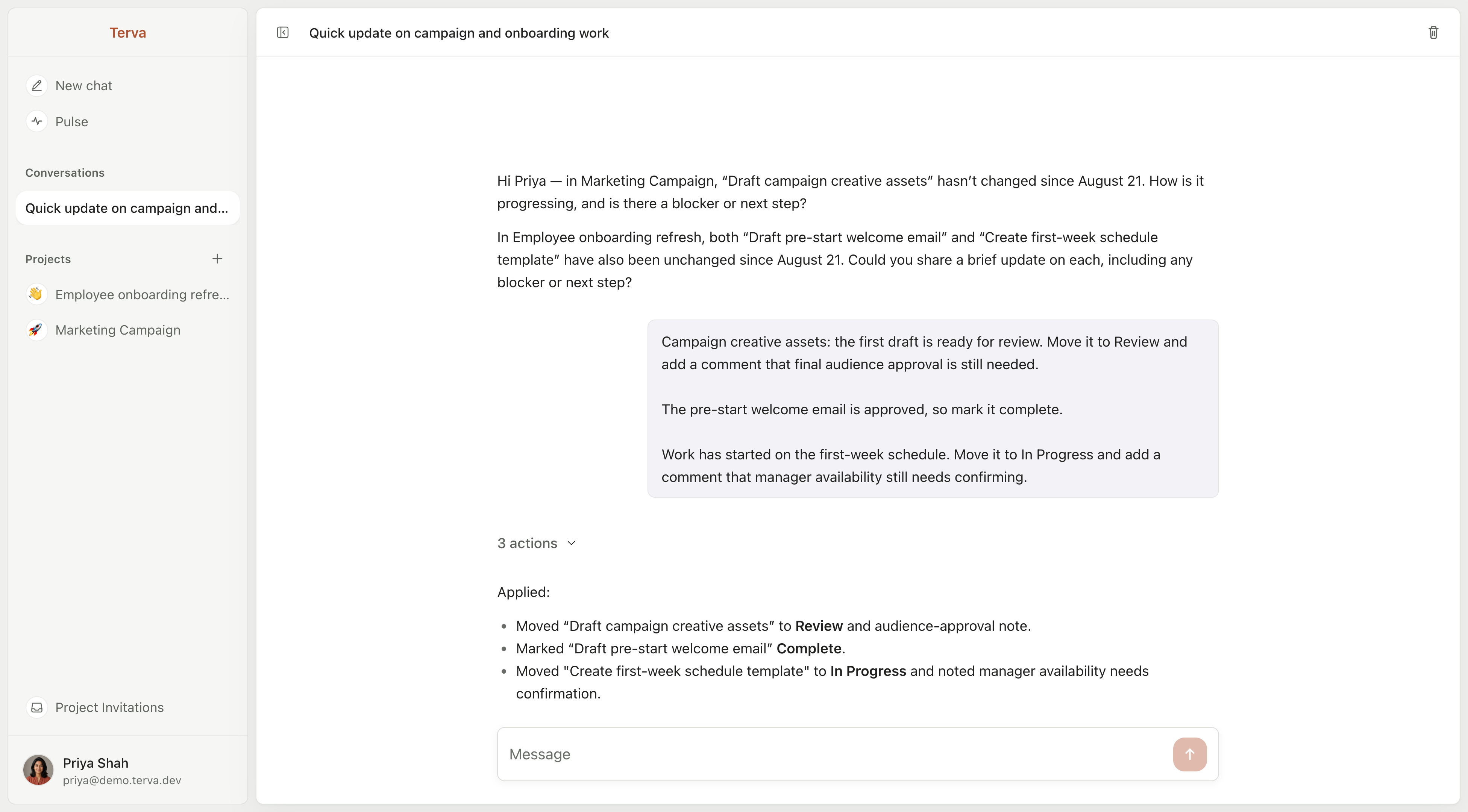 Terva’s Pulse coordinating updates across employee onboarding and marketing projects